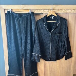 Victoria’s Secret Black Satin Pajama Set, Satin Romper Set, Black Sleepwear